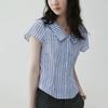 French contrasting stripes waist thin shirt women's summer new lapel literary top
