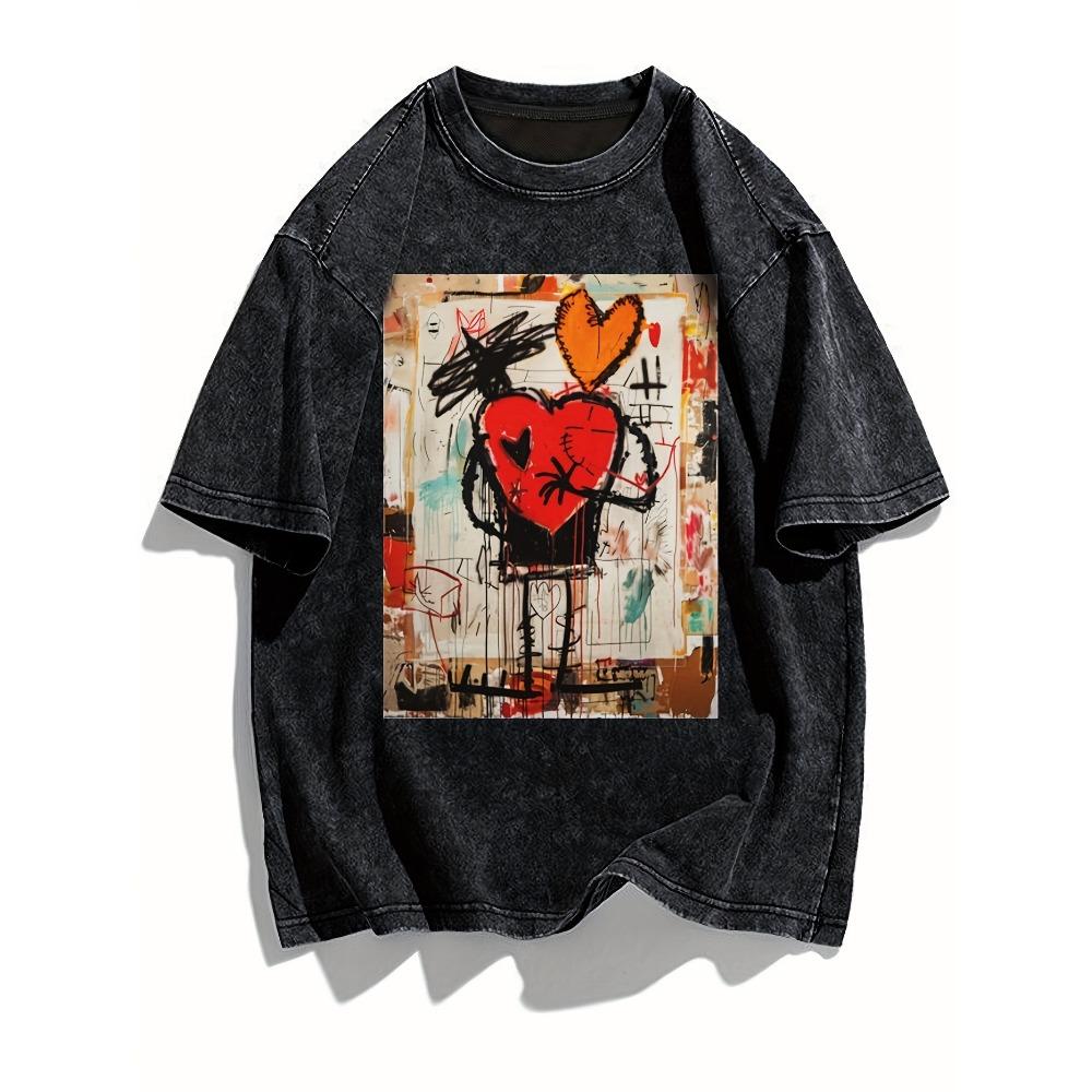 Vintage Washed Black Streetwear T-shirt Men Women Summer Graffiti Art Heart Print Loose Short Sleeve S