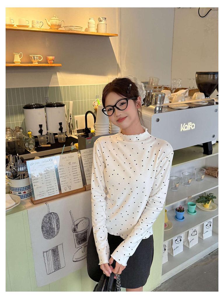 Miu Style Polka Dot Ruffle Long Sleeve Women's T-Shirt - Slim Fit, Half-High Neck, Perfect for Autumn/Winter.