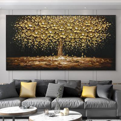 Pintura a Óleo Impressão em Tela Texturizada Folhas Abstratas Árvores Douradas e Prateadas Arte de Parede Decoração de Casa Moderna Decoração de Parede para Sala de Estar