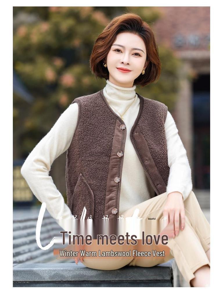 Women's Granular Fleece Vest for Middle-Aged & Elderly - Coffee Color, Sleeveless, Plus Velvet for Spring, Autumn, and Winter