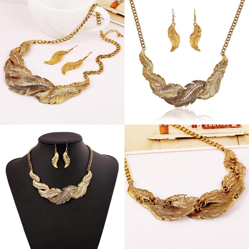 Rhinestone Fashion Decoration Feather Design Women Gold Necklace And Earring Set