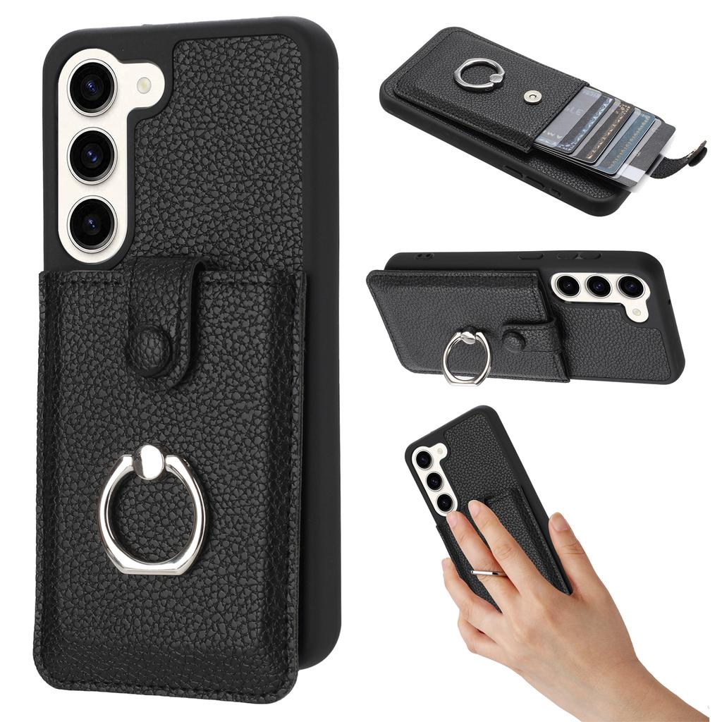 For Samsung Galaxy S23 Case Drawing Type Card Slots Litchi Texture Leather Back Cover with Ring Kickstand