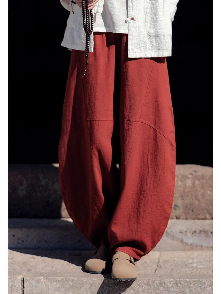 Women's Retro Ramie Sand-Washed Distressed Loose Lantern Pants for Meditation and Tai Chi