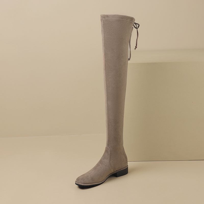 

Krazing Pot Взуття з флоку, осінь, зима, низькі підбори, еластичні чоботи з круглим носком, які зберігають тепло. Чоботи на гумці вище коліна 37 сірий