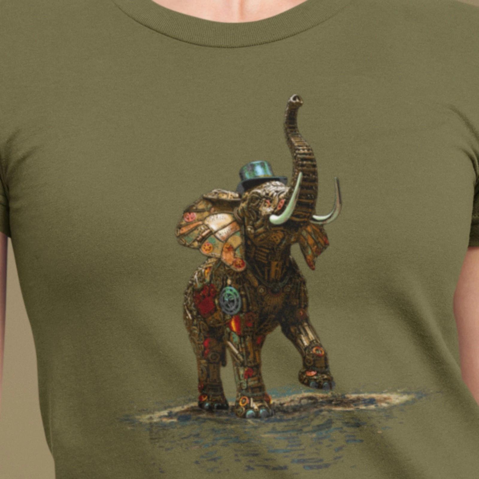 

Steampunk Elephant T-shirt, mechanical pachyderm with top hat Unisex Tee L