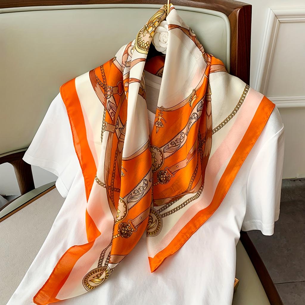 Foulard Carré Imprimé Orange Bleu Marine Fin Respirant Châle Crème Solaire Décontracté Extérieur Coupe-Vent Enveloppe de Tête Pour Femmes