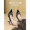 -B new pointed front bag rear empty fairy satin high heels thin heel rhinestone temperament single shoes woman