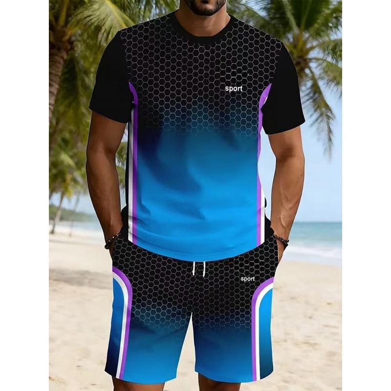 Summer Men's Fashionable Gradient Color 3D Digital Printed Round Neck Short Sleeved Loose Oversized Breathable Comfortable Sports Wear