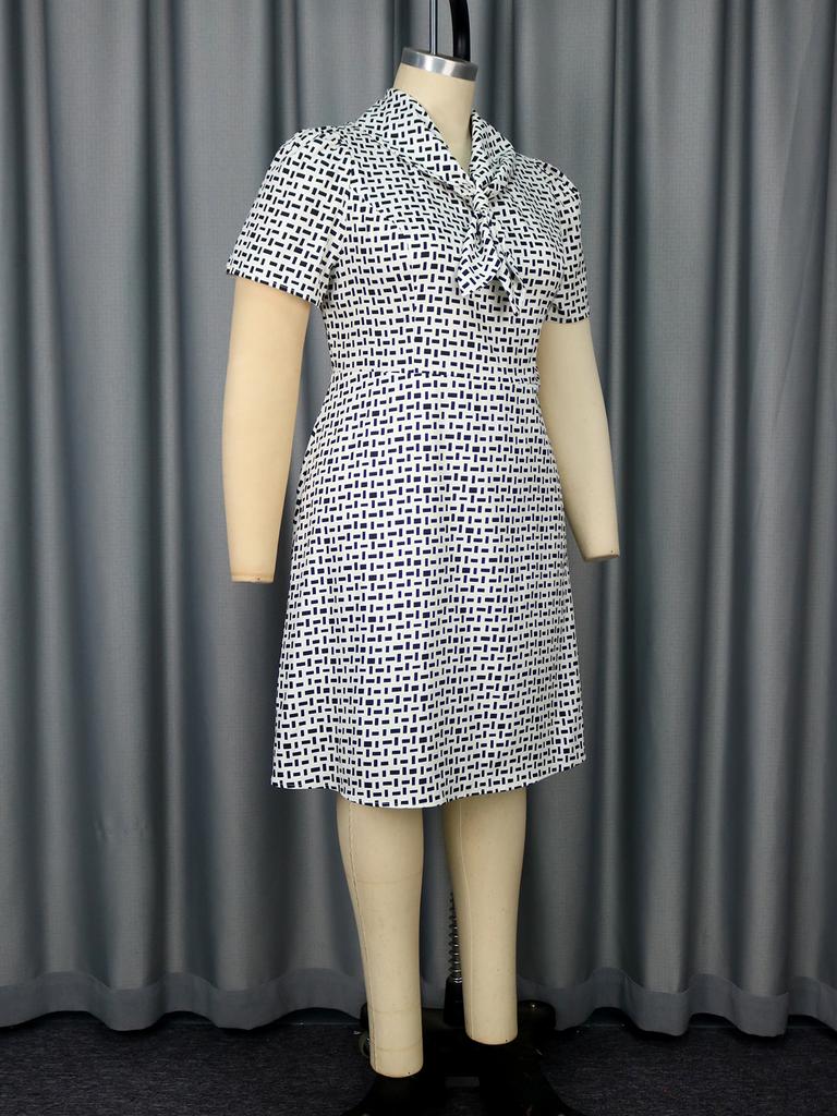 AOMEI White Women Dresses Short Sleeve Printed Slim Fit Knee Legnth Office Work Dress Plus Size