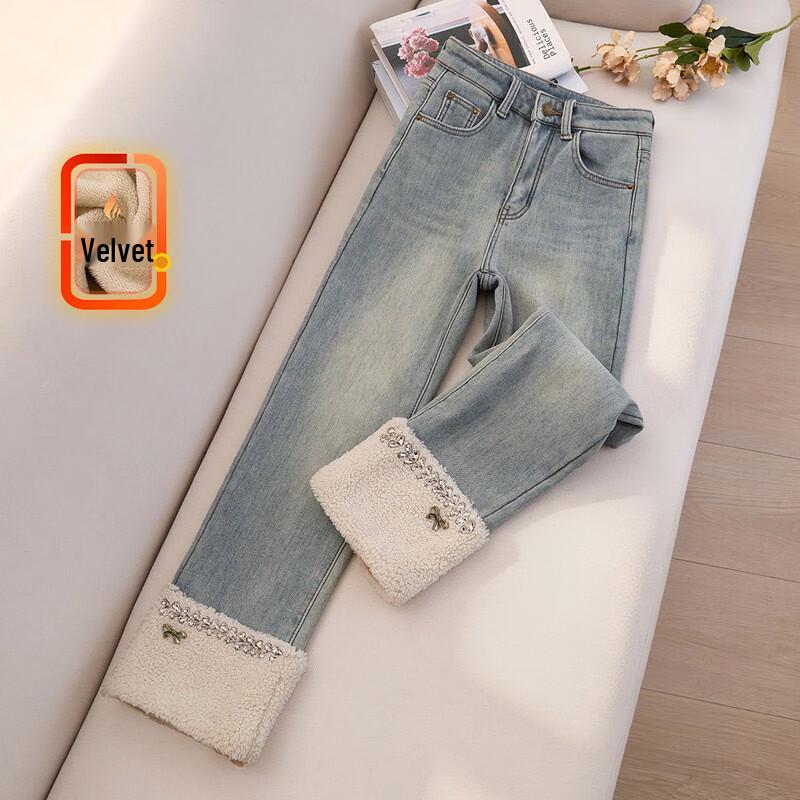 

Sibaishi Women s Rhinestone Straight-Leg High-Waist Jeans L