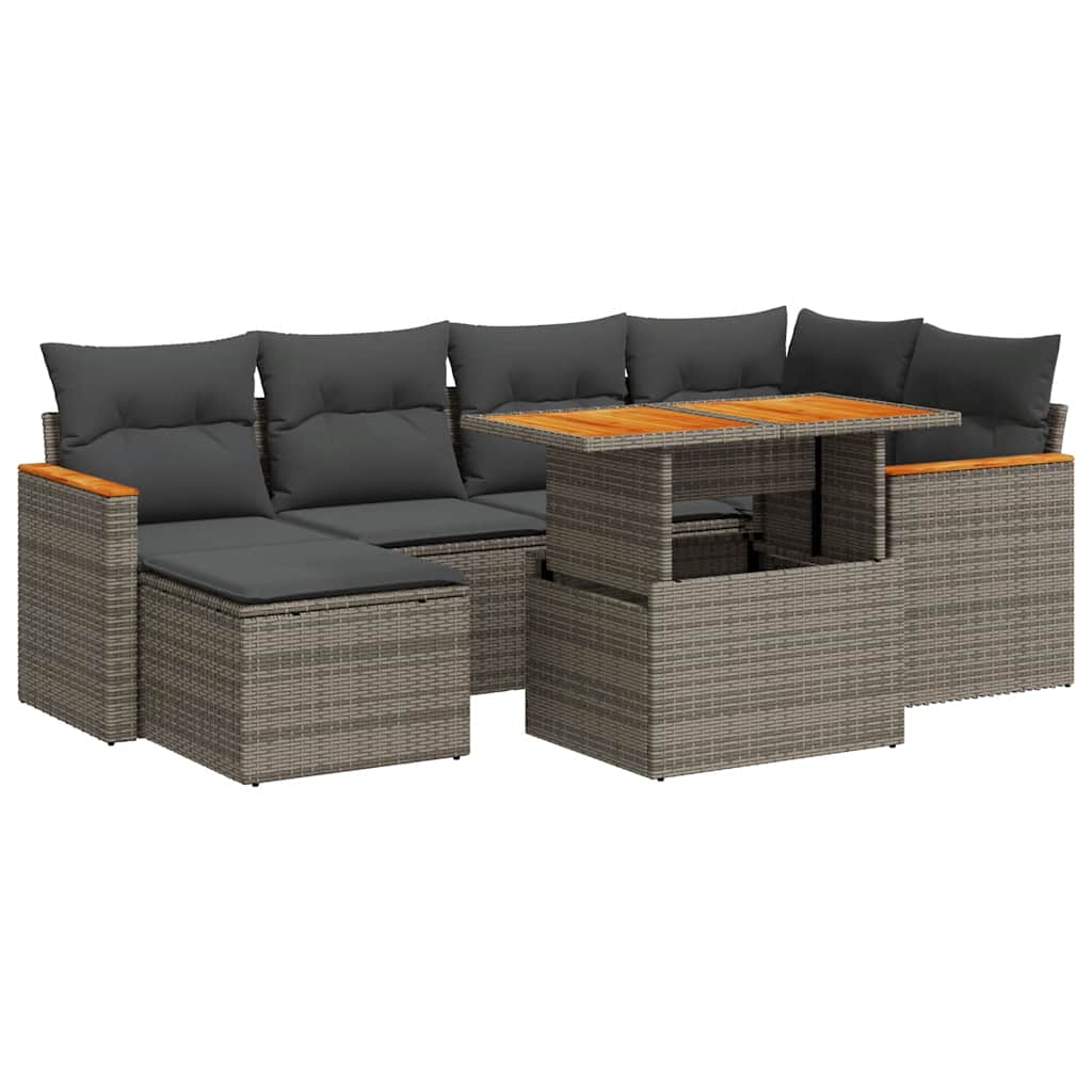 Vidaxl 7-Cz. Furniture Set With Cushions, Grey, Poly Rattan and Acacia