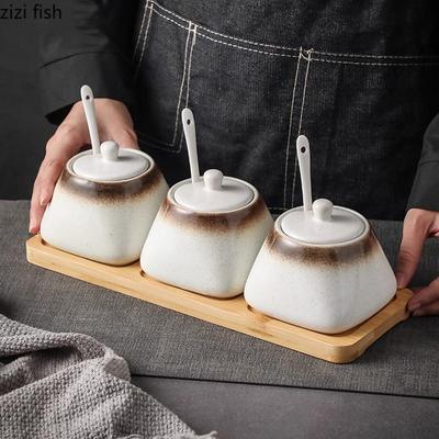 Vintage Ceramic Seasoning Jar with Spoon Salt Jar Sugar Jar Pepper Powder Jars Seasoning Storage Tool Kitchen Seasoning Tool