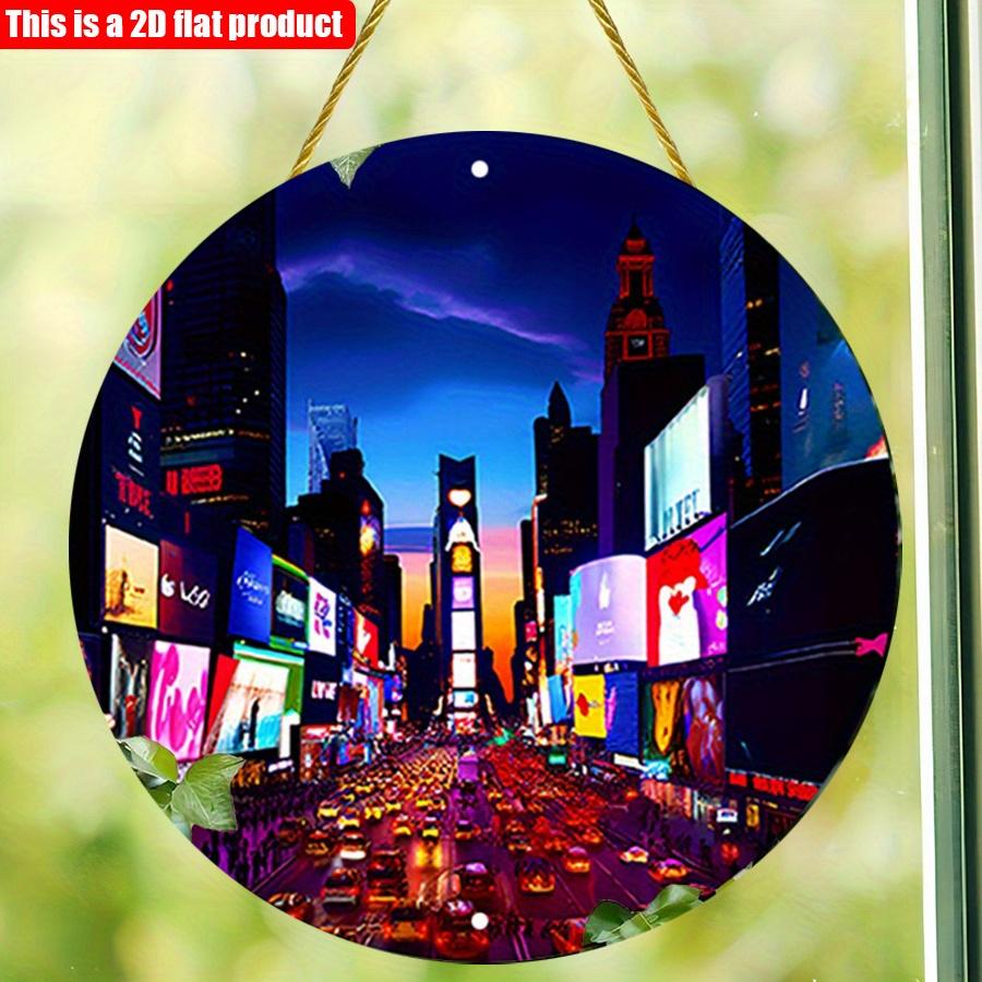 2D Flat 20*20cm1pc Night City skyscraper Neon landscape lights Round Pendant, Vibrant Night urban Theme Science fiction style high quality ornament