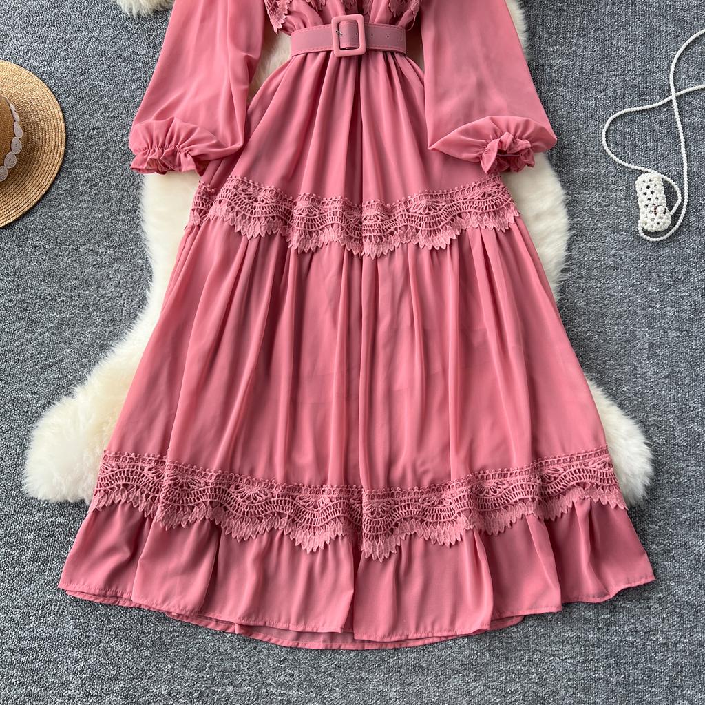 French O Neck Cut Out Lace PATCHWORK Lantern Sleeve Korean Fashion Dress Women's Summer Waist Sweet Dresses