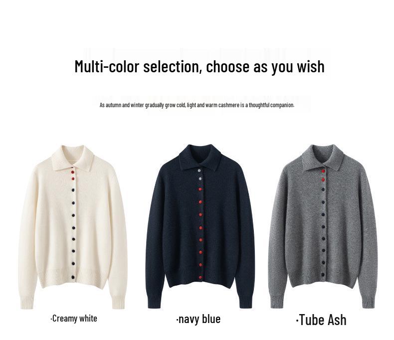 Cashmere Women's Polo Collar Cardigan - Autumn/Winter 2026 Versatile Loose Slimming Outerwear