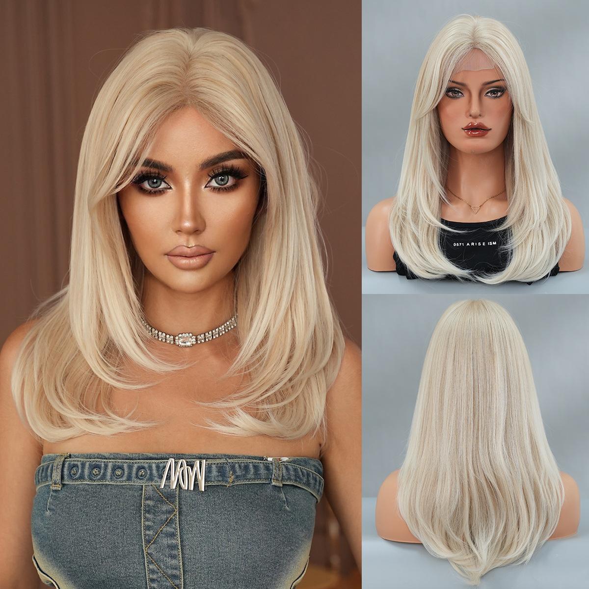 

Азиатская красотка блондинка кружевной парик - Полная шапка, загнутые внутрь прямые волосы, быстрая красота, реалистичный парик с пробором, ретро многослойный стиль 52CM платиновый