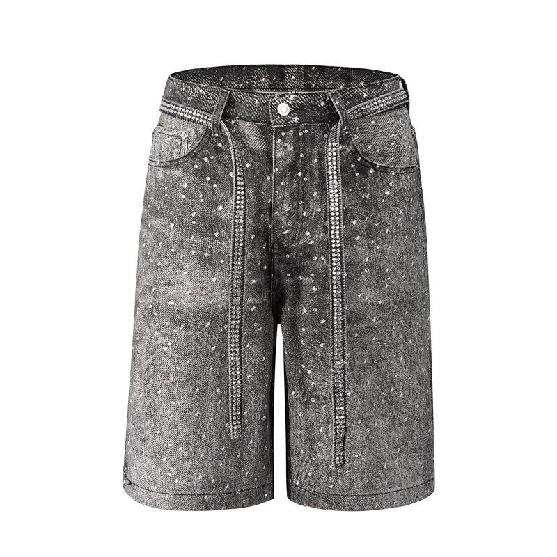 

Men s Distressed Denim Shorts with Rhinestone Belt, Starry Spray Paint Design, Button and Zipper Closure XL