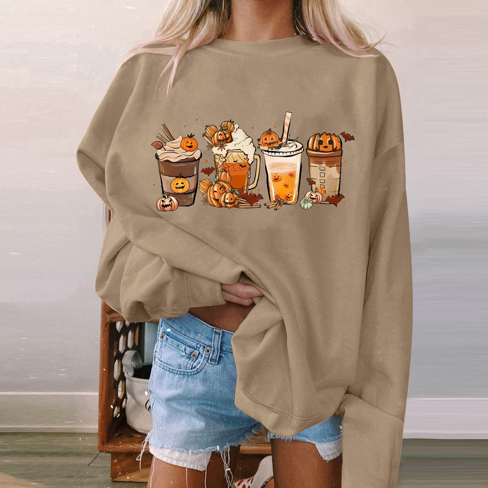 

Женский пуловер с принтом Хэллоуина, круглый вырез, заниженная линия плеча, блузка с длинными рукавами XL кофейный