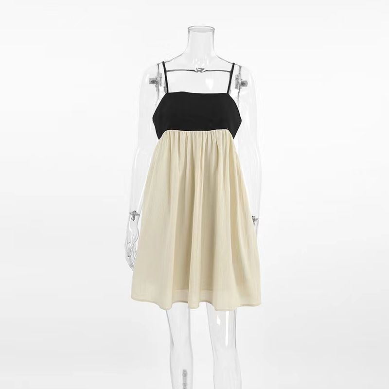 

European and American Contrast Color Sexy Sling Square Collar Backless Dress Color Blocking Backless Dress Khaki M