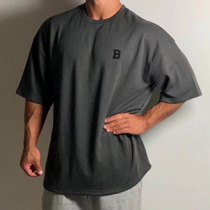 The BAY Men's Summer Heavyweight Cotton Loose Fit T-Shirt - Plus Size, Drop Shoulder, Short Sleeve Sports & Casual Wear Dark Gray