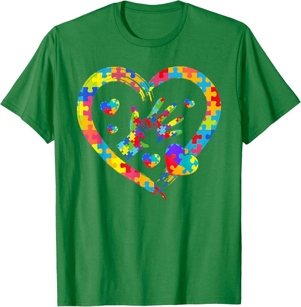Autism Awareness Puzzle Heart Hands Love Graphic T-Shirt Casual Daily Cotton Short Sleeve Tee