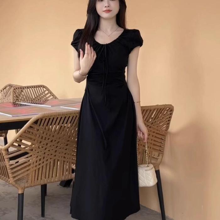 

Pink bubble sleeve dress women s new summer sweet waist and thin temperament lace-up French long dress S чёрный