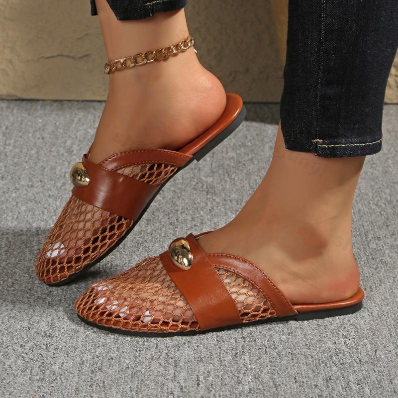 Fashion Fashion Leopard Design Casual Flat Half Slippers for Women 2025 Summer Mesh Hollow Breathable Comfortable Slip on Beach Sandals