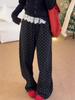 Korean Lace Trim Polka Dot Casual Wide Leg Pants for Women, Elastic Waist, Slim Fit, Spring/Autumn