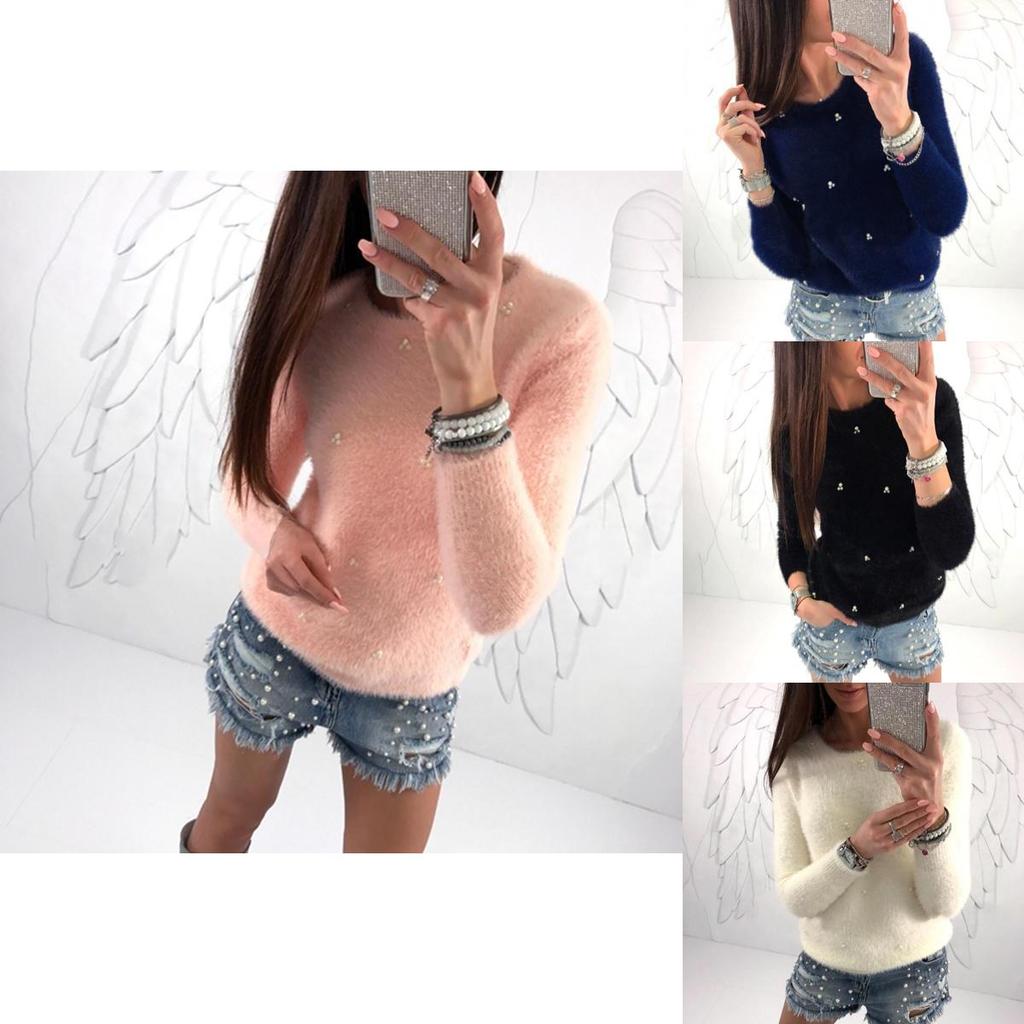 Elegant Women's Plush Beaded Sweater For Versatile Spring And Winter Wear