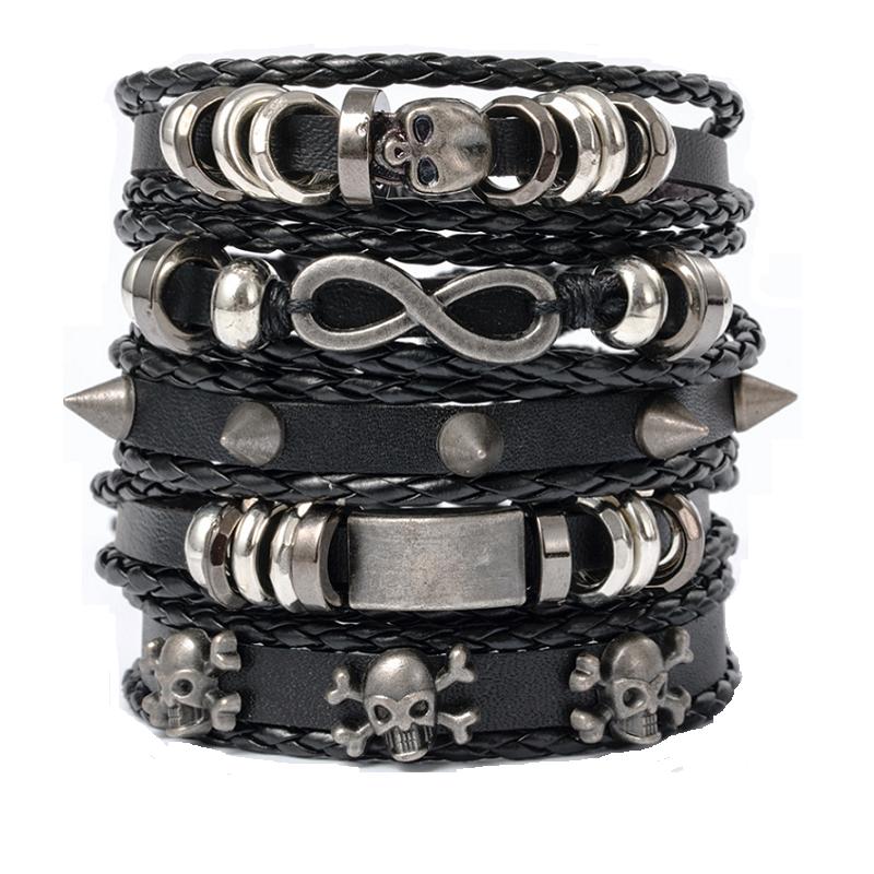 Punk Multilayer Antique Leather Bracelet Set Skull Eye Star Charms Hiphop Rock Y2K Vintage Pu Gothic Wristband Man Goth Jewelry