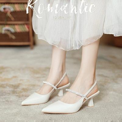 Women's French-style Back-lace Pointed-toe Sandals, Simple New Style Rhinestone Stiletto Heels, Sexy Open-heel Banquet Slippers.