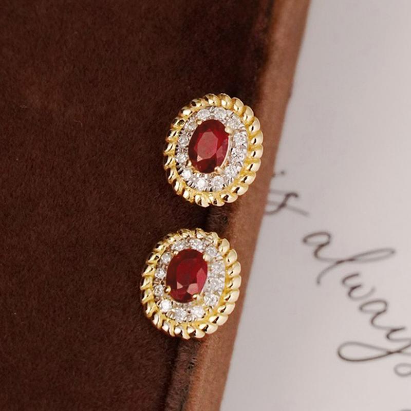Huitan Luxury Two Tone Stud Earrings for Women Wedding Engagement Elegant Fancy Red Oval Cubic Zirconia Royal Party Jewelry Gift