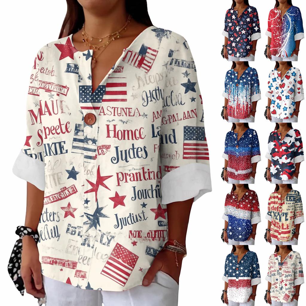 Women's Fashion Casual Button V-Neck Cotton And Linen Independence Day Printed Seven Sleeve T-Shirt Top