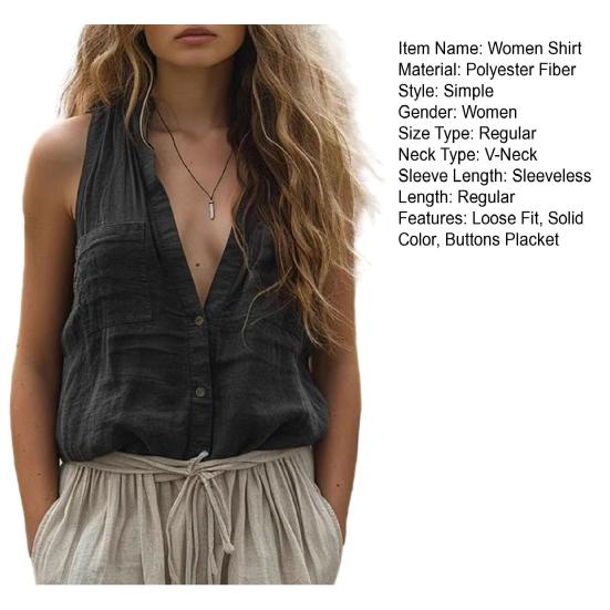 Women Summer Shirt Stand Collar V-Neck Sleeveless Buttons Placket Shirt Tops Solid Color Casual Shirt
