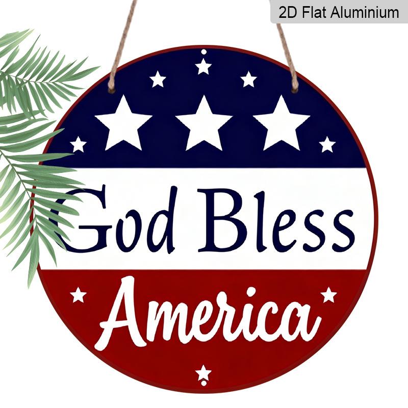 

2D Flat, 1pc Patriotic “God Bless America” Hanging Sign, Heavy-Duty Aluminum Independence Day Decoration with Navy Blue & Red Stars, 7.87In American 1pc