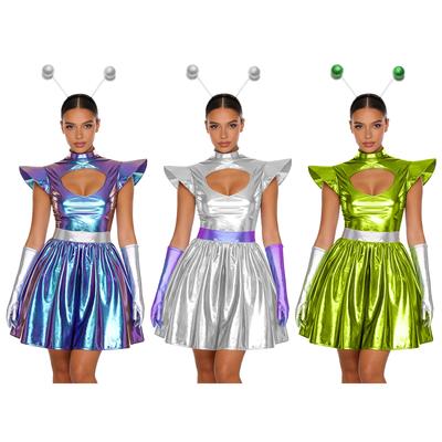 Womens Space Alien Costume Metallic Shiny Dress Cutout Neck Design Complete Gloves Hair Loop Set Halloween Party