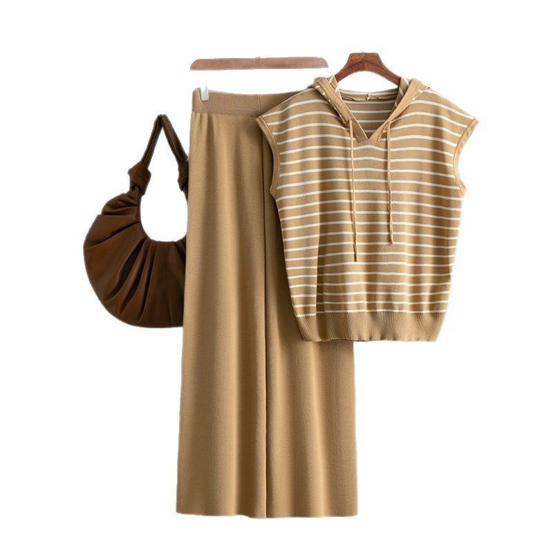 Fashion suit women's summer sleeveless hooded striped knitted top + high-waisted wide-leg pants two-piece set