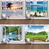 Faux Window Landscape Tapestry Wall Hanging Tropical Tree Art Decor Sea Sunrise Dorm Decoration