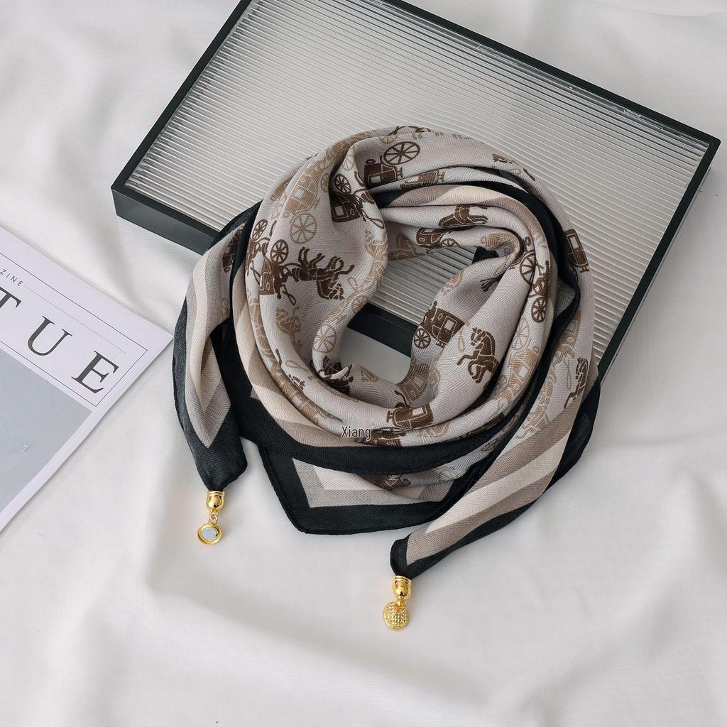 Women's 65" Silk Square Scarf with Magnetic Buckle – Autumn/Winter Print, Fashionable & Versatile Triangle Snood