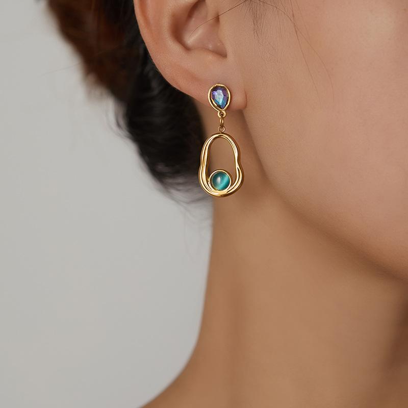 DIEYURO 316L Stainless Steel Purple Water Droplets Irregular Elliptical Inlay Cat Eye Stones Earrings Waterproof Fashion Jewelry