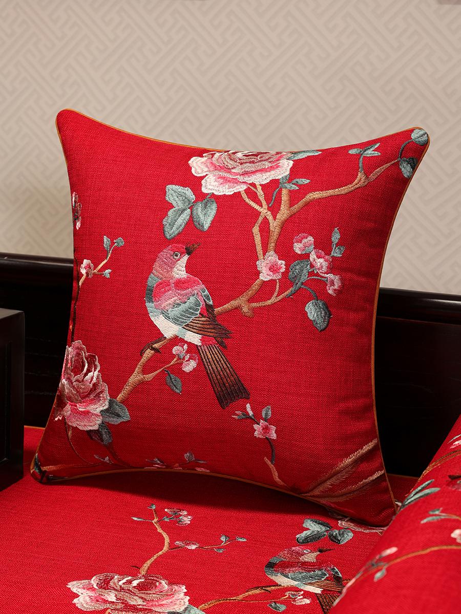 Housse de coussin en coton et lin Fleur de pommier Broderie d'oiseaux Housse de coussin d'appoint Housses décoratives pour salon Canapé Décoration de maison 40x60cm