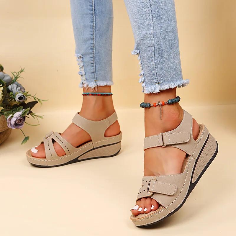 Women's Large Size Fish Mouth Casual Sandals Roman Style Sandals Women's Outer Wear Velcro Shoes