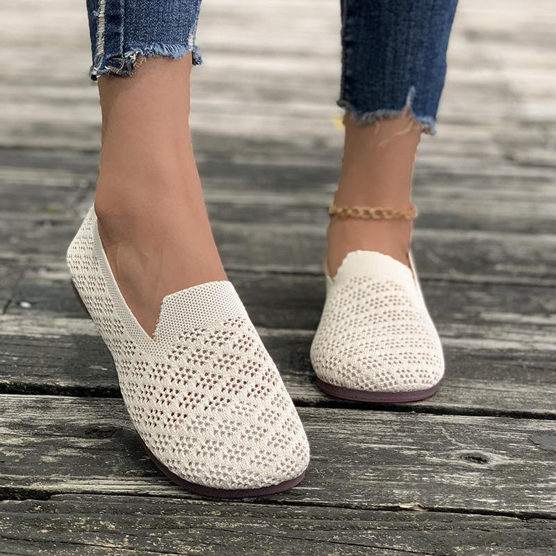 Spring New Solid Color Pointed Flat Bottom Flat Heel Soft Sole Single Shoes Casual Breathable Women's Shoes Hollow Knitted Shoes