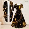 Women Plus Size Two Piece Set Black Printed Square Neck Short Sleeve Tie Waist Flared Dress And 3 4 Sleeve Cardigan