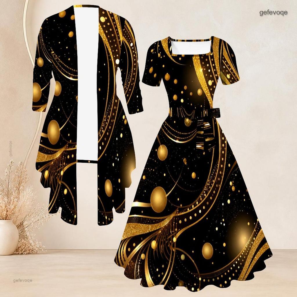 Women Plus Size Two Piece Set Black Printed Square Neck Short Sleeve Tie Waist Flared Dress And 3 4 Sleeve Cardigan