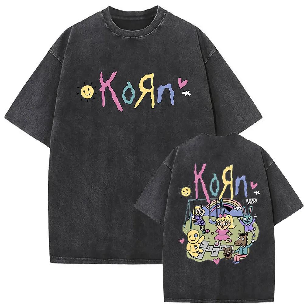 Washed Vintage Rock Band Korn Freak on A Leash Double Sided Print T Shirt Men Gothic Casual Oversized Tees Unisex Summer Tshirt