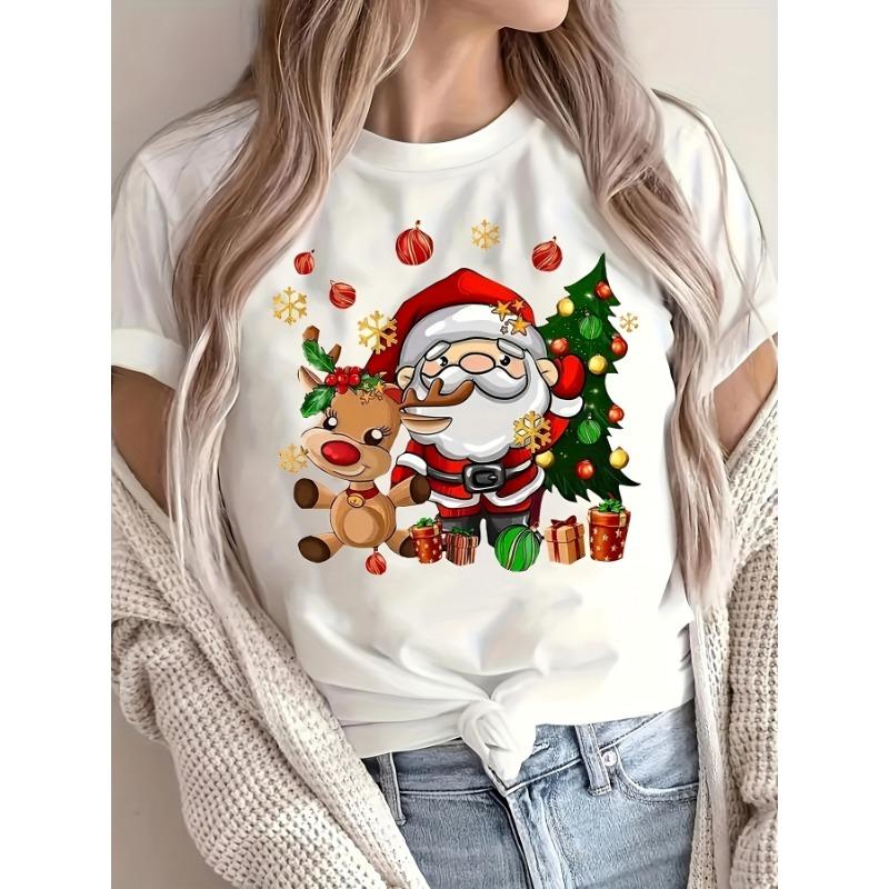 Christmas Santa and Reindeer Print Crew Neck T-Shirt Harajuku Sleeve Women's T-shirt Clothing Street Tops Tees Aesthetic Clothes