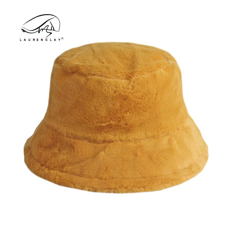 Fashion solid color imitation rabbit hair bucket hat women's Japanese autumn and winter new versatile thickened warm flat top basin hat