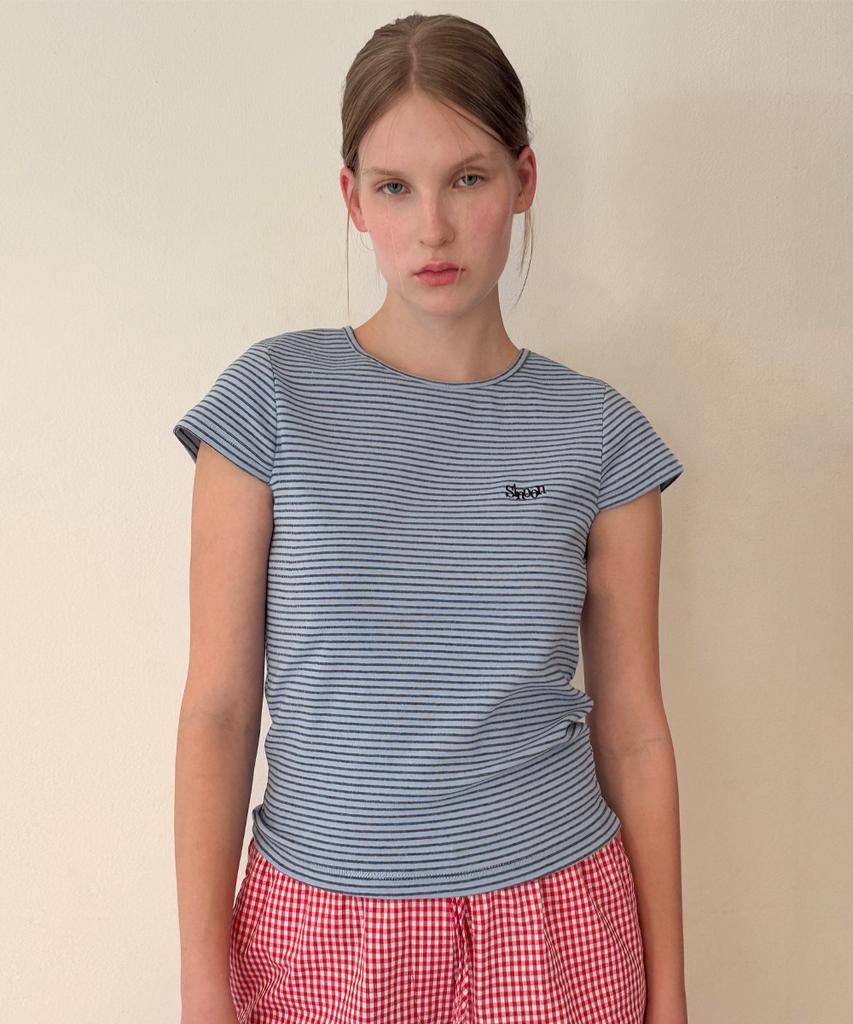 SINOON Stripe Cap Sleeve T-Shirt (Blue)